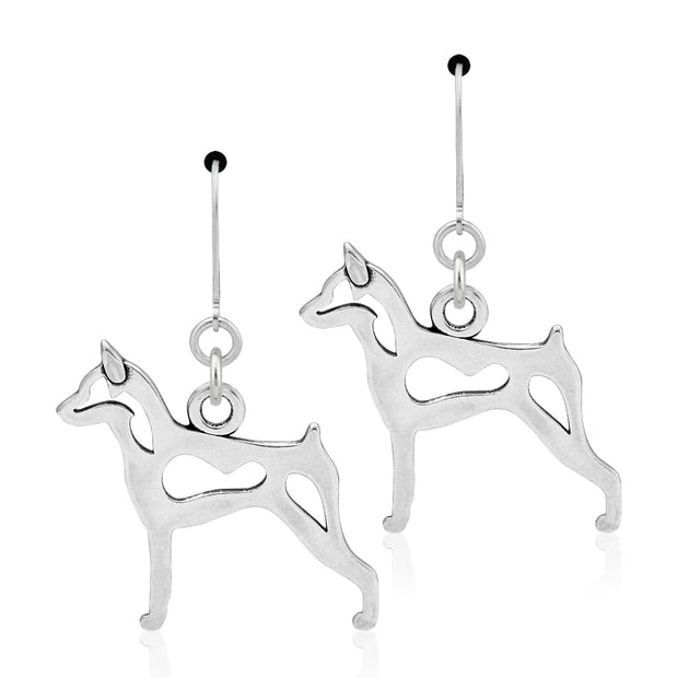 Miniature Pinscher Earrings Body Design in Sterling Silver in Leverback.