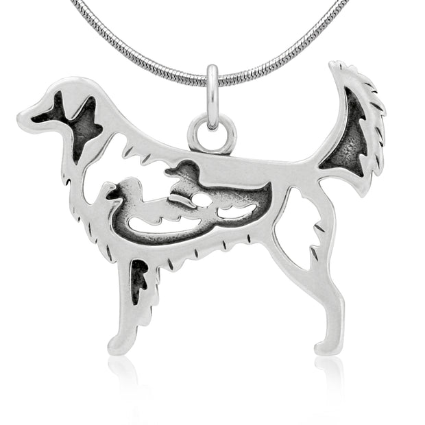 Nova Scotia Duck Tolling Retriever Necklace Body Design with Ducks in Sterling Silver on Snake Chain.