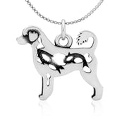 Portuguese Water Dog Necklace Body Design with Fish in Sterling Silver on Box Chain.