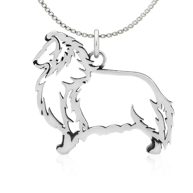 Shetland Sheepdog Necklace Body Design in Sterling Silver on Box Chain.