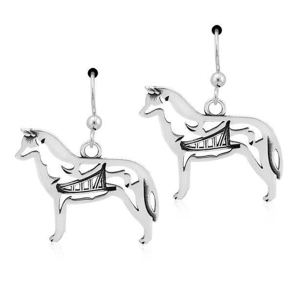 Siberian Husky Earrings Body Design with Sled in Body in Sterling Silver on French Hook.