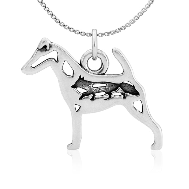 Smooth Fox Terrier Necklace Body Design with Fox in Sterling Silver on Box Chain.