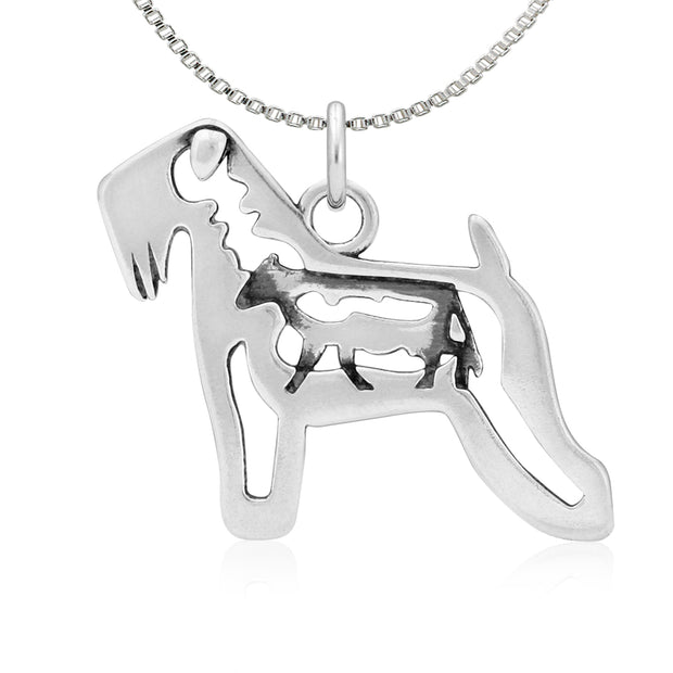 Soft Coated Wheaten Terrier Necklace Body Design with Cow in Sterling Silver on Box Chain.