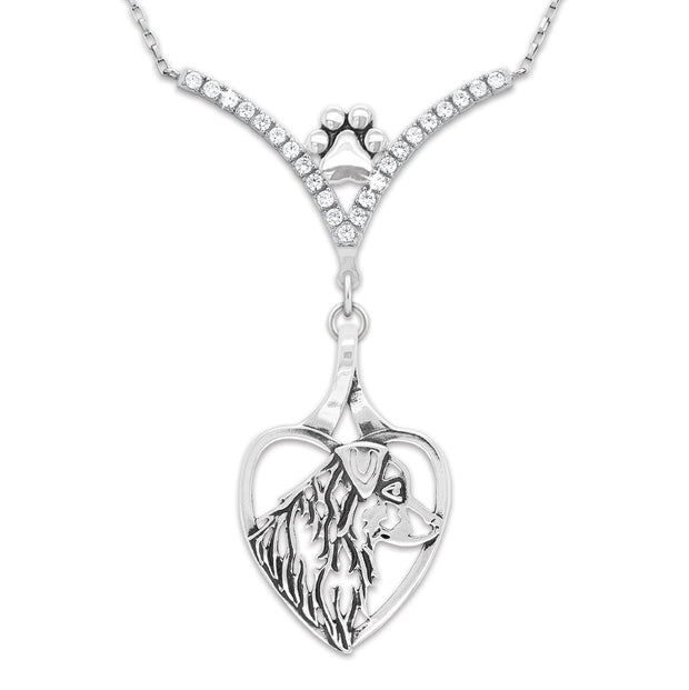 Australian Shepherd Necklace Heart and Head Design in Cubic Zirconia and Sterling Silver.