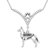 Belgian Malinois Necklace Body Design with Vest in V-Shaped Cubic Zirconia and Sterling Silver Chain with Pawprint.