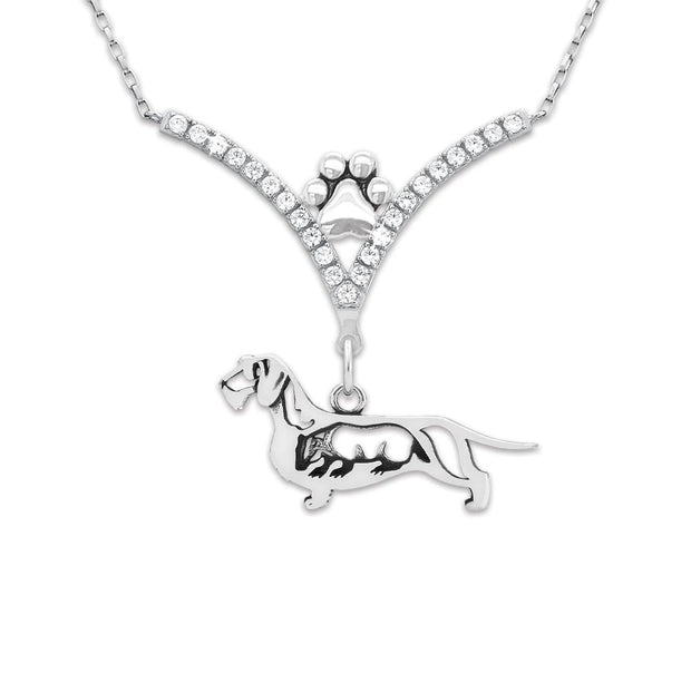 Wirehaired Dachshund Necklace Body Design with Badger in V-Shaped Cubic Zirconia and Sterling Silver Chain with Pawprint.