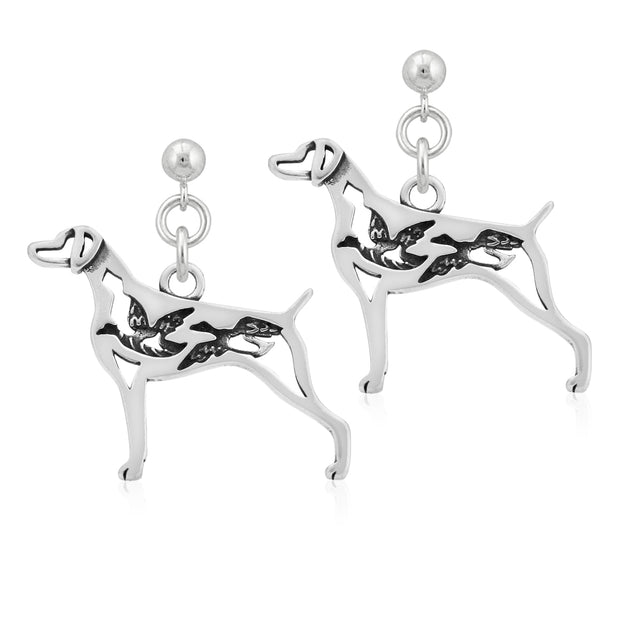 Weimaraner Earrings Body Design with Ducks in Sterling Silver in Dangle Post.