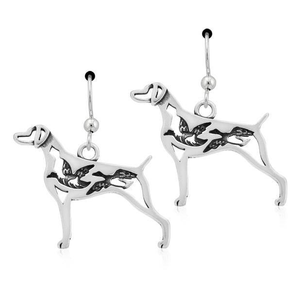 Weimaraner Earrings Body Design with Ducks in Sterling Silver in French Hook.