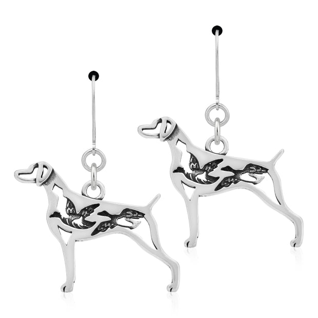 Weimaraner Earrings Body Design with Ducks in Sterling Silver in Leverback.