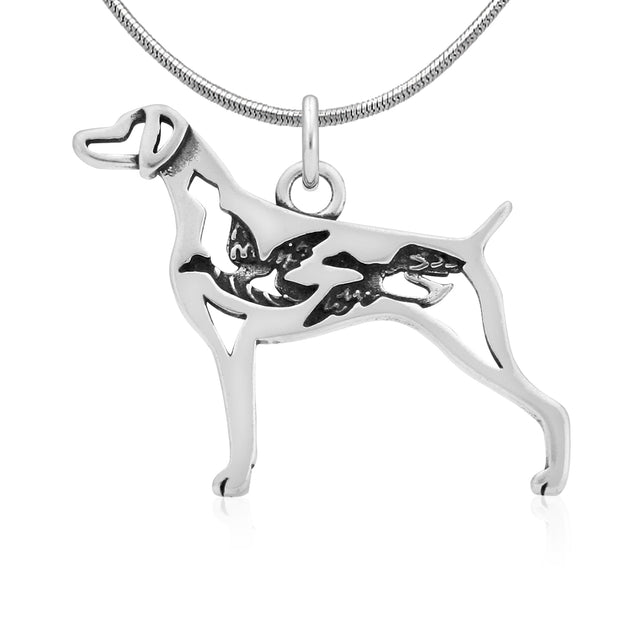 Weimaraner Necklace Body Design with Ducks in Sterling Silver on Snake Chain.