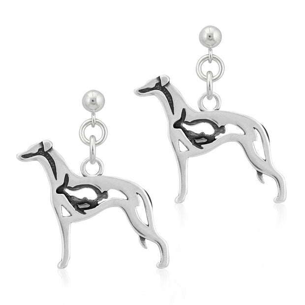 Whippet Earrings Body Design with Rabbit in Sterling Silver in Dangle Post.