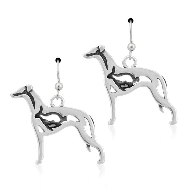 Whippet Earrings Body Design with Rabbit in Sterling Silver in French Hook.