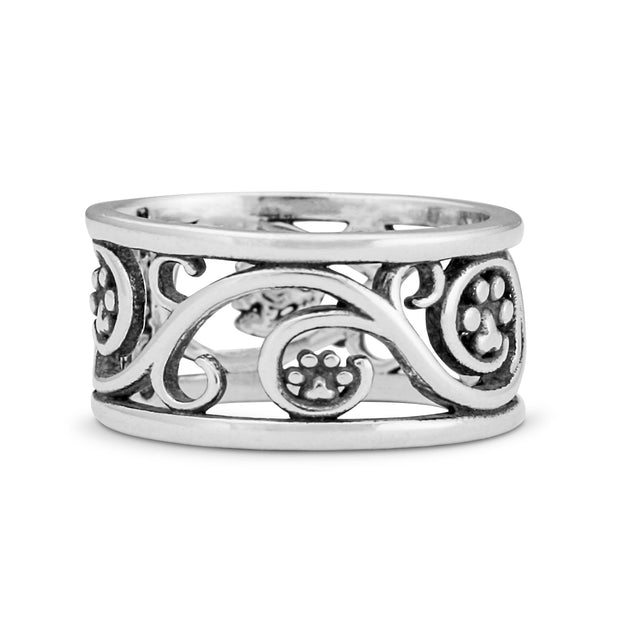 Wide Band Paw Print Ring - Sterling Silver Life Long Journey Paws Ring