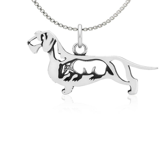 Dachshund Necklace Charm in Sterling Silver, Wirehaired w/Badger