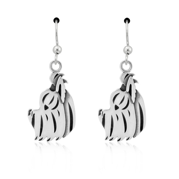 Yorkshire Terrier Earrings Head Design with Puppy Cut in Sterling Silver in French Hook.