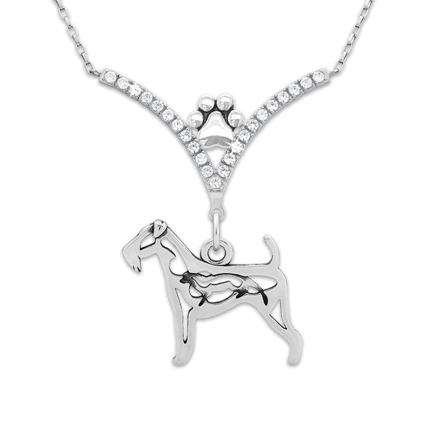 Airedale Terrier Necklace Body Design with Otter in Cubic Zirconia and Sterling Silver.