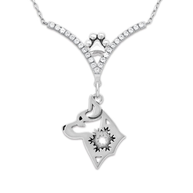 Alaskan Klee Kai Necklace Head Design with Snowflake in V-Shaped Cubic Zirconia and Sterling Silver Chain with Pawprint.