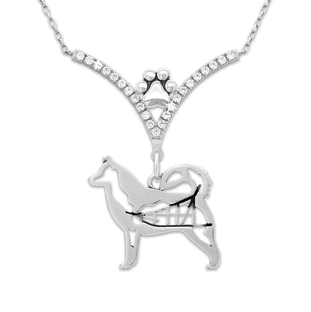 Alaskan Malamute Necklace Body Design with Sled in V-Shaped Cubic Zirconia and Sterling Silver Chain with Pawprint.