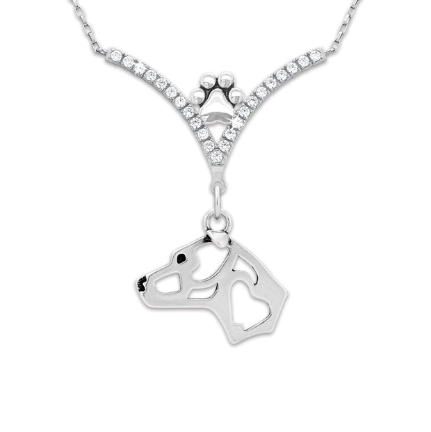 American Staffordshire Terrier Necklace Head Design in V-Shaped Cubic Zirconia and Sterling Silver Chain with Pawprint.