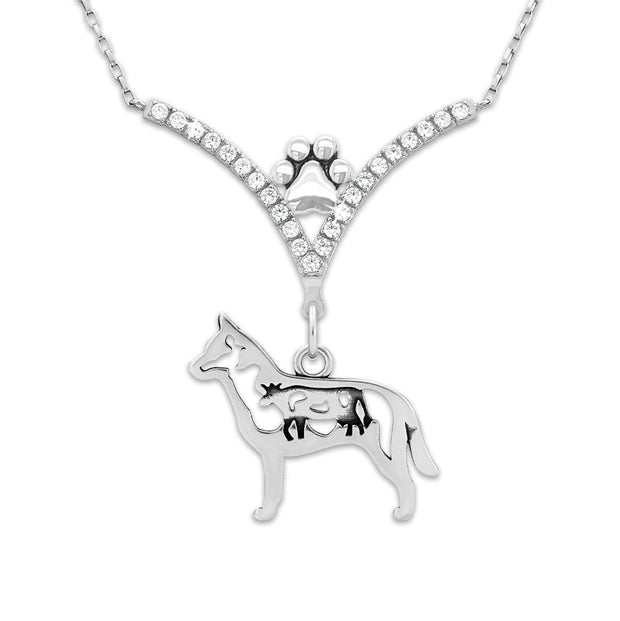 Australian Cattle Dog Necklace Body Design with Cow in V-Shaped Cubic Zirconia and Sterling Silver Chain with Pawprint.