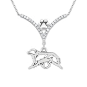 Australian Shepherd Necklace Gaiting Body Design in V-Shaped Cubic Zirconia and Sterling Silver Chain with Pawprint.