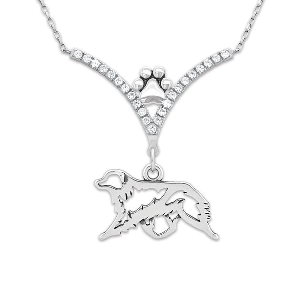 Australian Shepherd Necklace Gaiting Body Design in Cubic Zirconia and Sterling Silver.