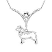 Australian Shepherd Necklace Body Design in V-Shaped Cubic Zirconia and Sterling Silver Chain with Pawprint.