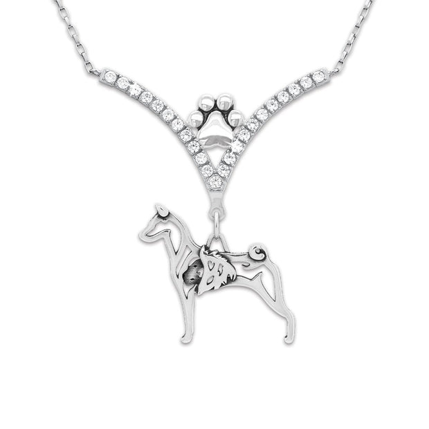 Basenji Necklace Body Design with Lion in V-Shaped Cubic Zirconia and Sterling Silver Chain with Pawprint.