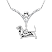 Basset Hound Necklace Body Design with Rabbit in V-Shaped Cubic Zirconia and Sterling Silver Chain with Pawprint.