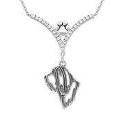 Bearded Collie Necklace Head Design in V-Shaped Cubic Zirconia and Sterling Silver Chain with Pawprint.