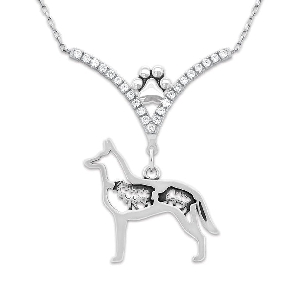 Belgian Malinois Necklace Body Design with Sheep in V-Shaped Cubic Zirconia and Sterling Silver Chain with Pawprint.