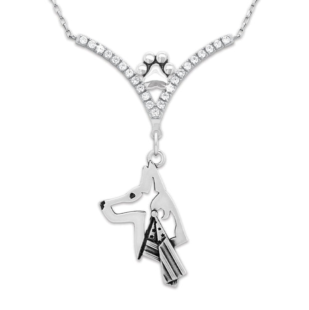 Belgian Malinois Necklace Head Design with Flag in V-Shaped Cubic Zirconia and Sterling Silver Chain with Pawprint.