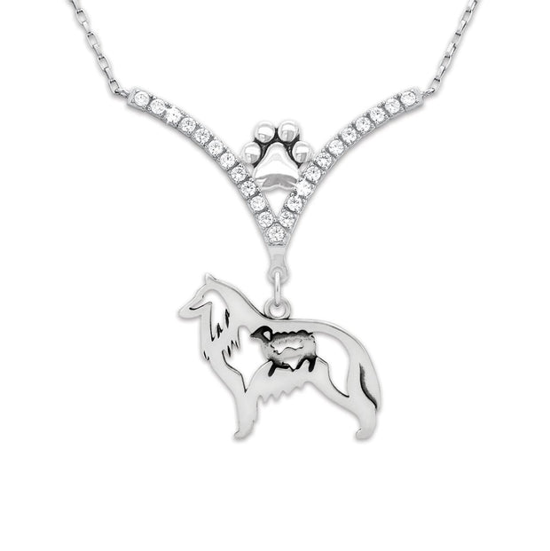 Belgian Sheepdog Necklace Body Design with Sheep in V-Shaped Cubic Zirconia and Sterling Silver Chain with Pawprint.