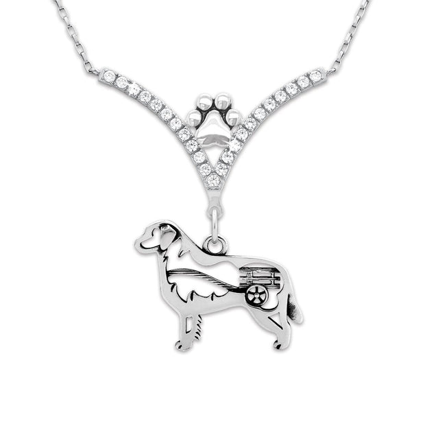 Bernese Mountain Dog Necklace Body Design with Cart in V-Shaped Cubic Zirconia and Sterling Silver Chain with Pawprint.