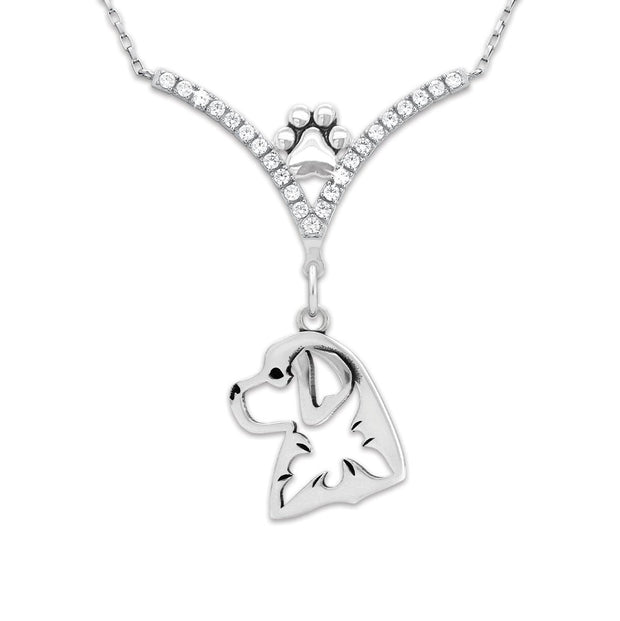 Bernese Mountain Dog Necklace Head Design in V-Shaped Cubic Zirconia and Sterling Silver Chain with Pawprint.