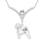 Bichon Frise Necklace Body Design in V-Shaped Cubic Zirconia and Sterling Silver Chain with Pawprint.