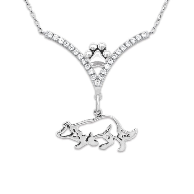 Border Collie Necklace Body Design in V-Shaped Cubic Zirconia and Sterling Silver Chain with Pawprint.