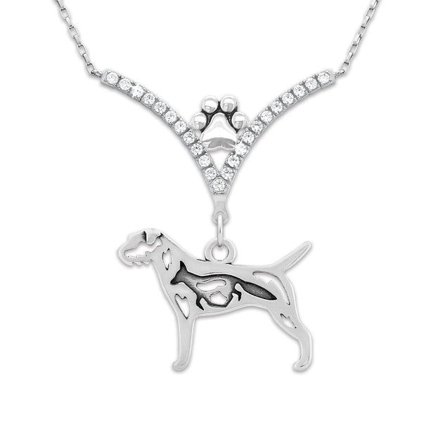 Border Terrier Necklace Body Design with Fox in V-Shaped Cubic Zirconia and Sterling Silver Chain with Pawprint.