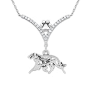 Borzoi Necklace Body Design with Wolf in V-Shaped Cubic Zirconia and Sterling Silver Chain with Pawprint.