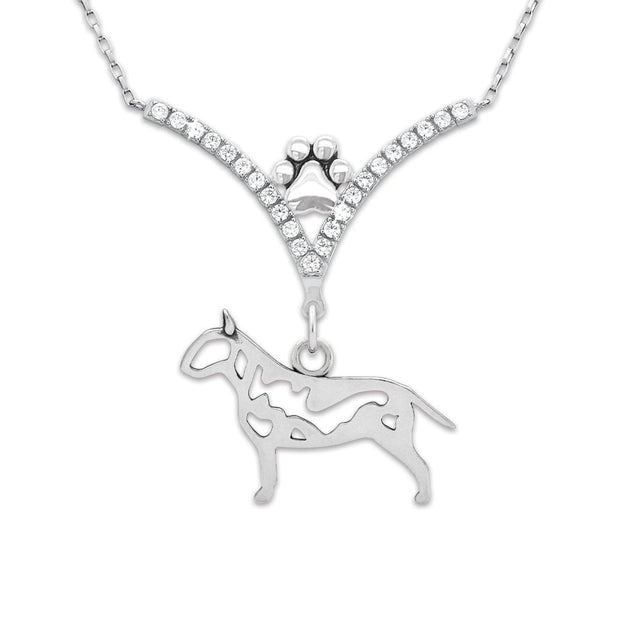 Bull Terrier Necklace Body Design in V-Shaped Cubic Zirconia and Sterling Silver Chain with Pawprint.