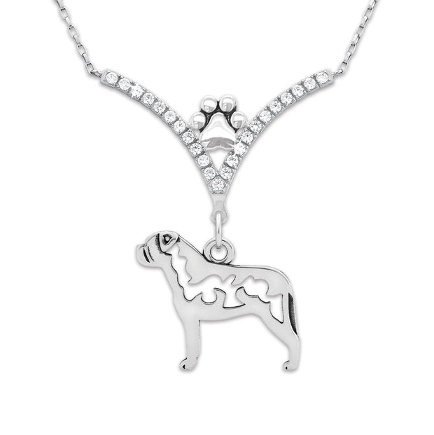 Bullmastiff Necklace Body Design in V-Shaped Cubic Zirconia and Sterling Silver Chain with Pawprint.