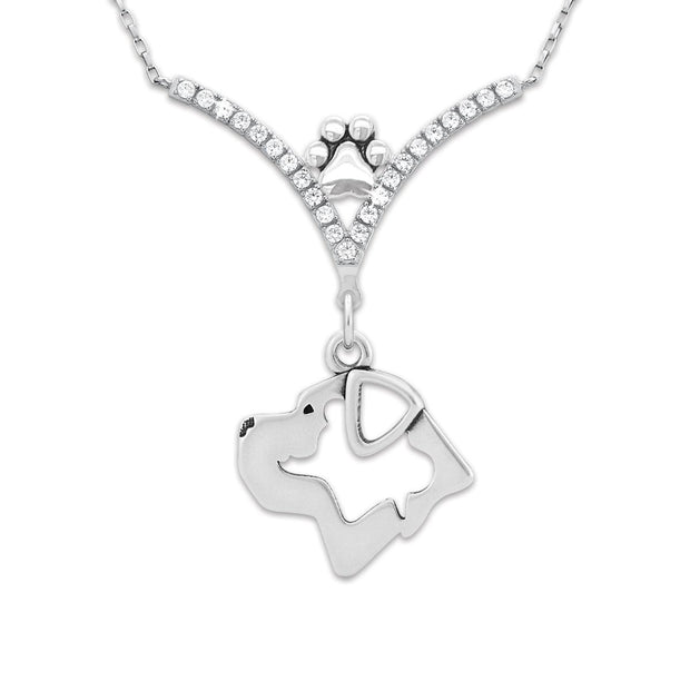 Cane Corso Necklace Head Design in V-Shaped Cubic Zirconia and Sterling Silver Chain with Pawprint.