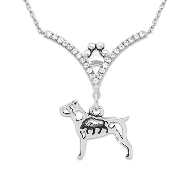 Cane Corso Necklace Body Design with Boar in V-Shaped Cubic Zirconia and Sterling Silver Chain with Pawprint.