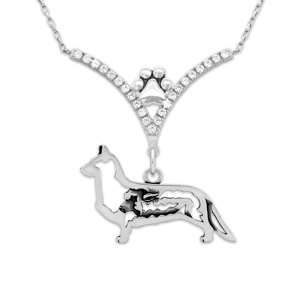 Cardigan Welsh Corgi Necklace Body Design with Sheep in V-Shaped Cubic Zirconia and Sterling Silver Chain with Pawprint.