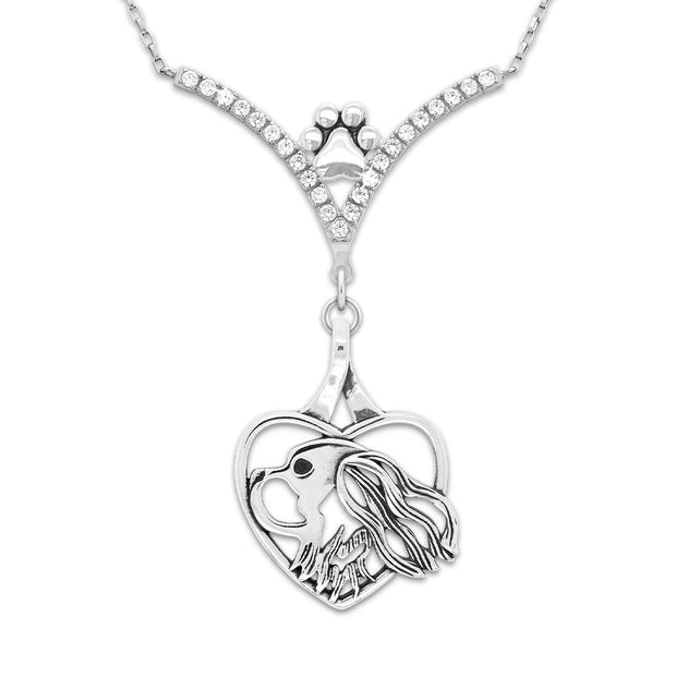 Cavalier King Charles Heart Necklace Head Design in V-Shaped Cubic Zirconia and Sterling Silver Chain with Pawprint.