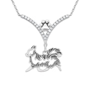 Longhair Chihuahua Necklace Gaiting Body Design in V-Shaped Cubic Zirconia and Sterling Silver Chain with Pawprint.