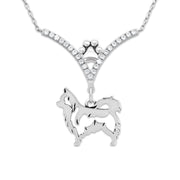 Longhair Chihuahua Necklace Body Design in V-Shaped Cubic Zirconia and Sterling Silver Chain with Pawprint.