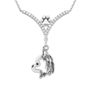 Longhair Chihuahua Necklace Head Design in V-Shaped Cubic Zirconia and Sterling Silver Chain with Pawprint.