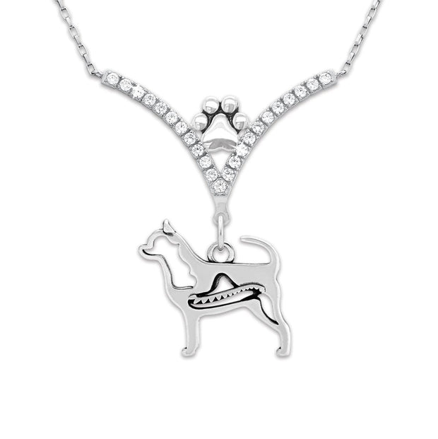 Chihuahua Necklace Body Design with Sombrero in V-Shaped Cubic Zirconia and Sterling Silver Chain with Pawprint.