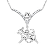 Chihuahua Necklace Body Design in V-Shaped Cubic Zirconia and Sterling Silver Chain with Pawprint.